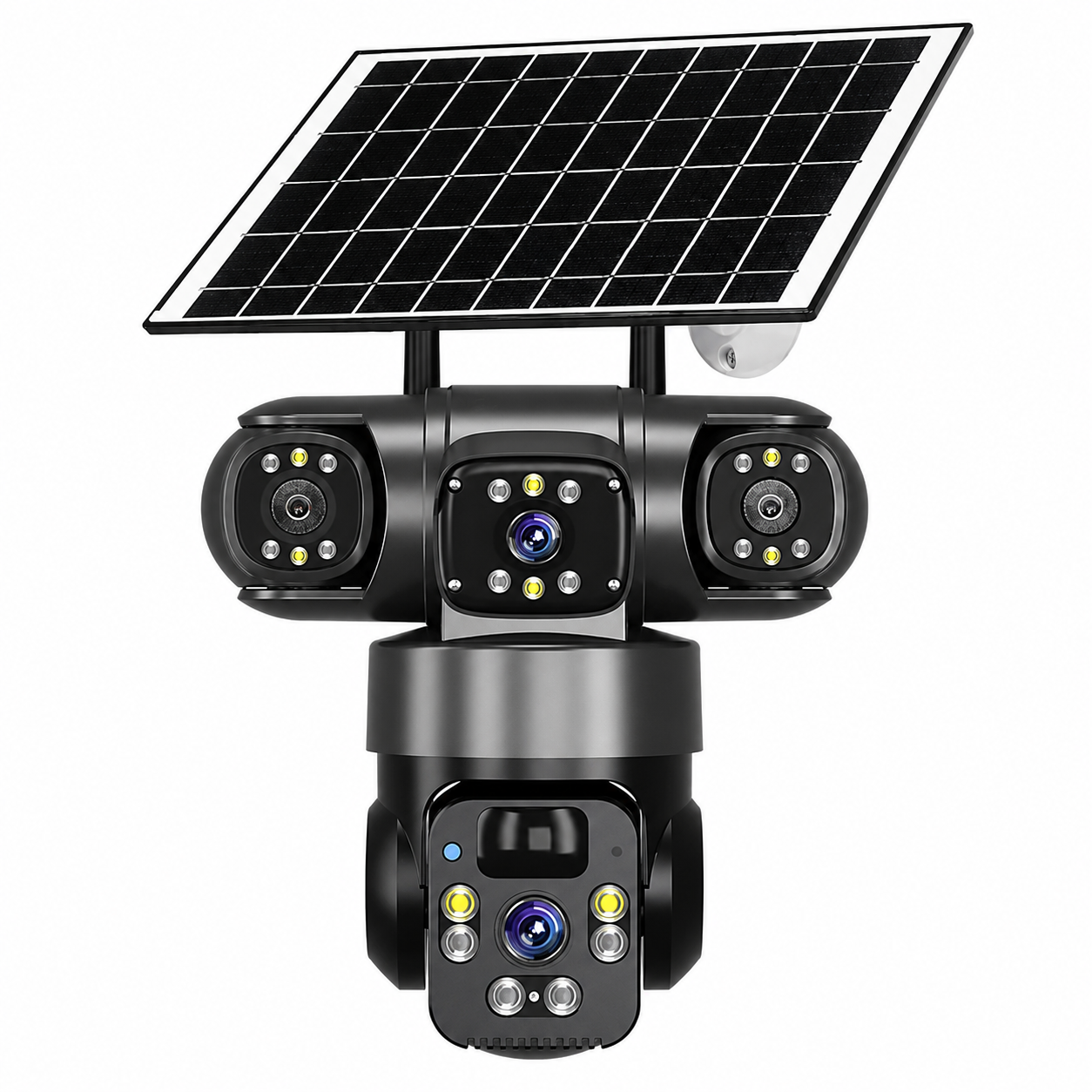 Studio product display of a solar security camera with no monthly fee, highlighting the 6MP triple lens system, infrared LEDs, and top-mounted high-efficiency solar panel on a solid white background.