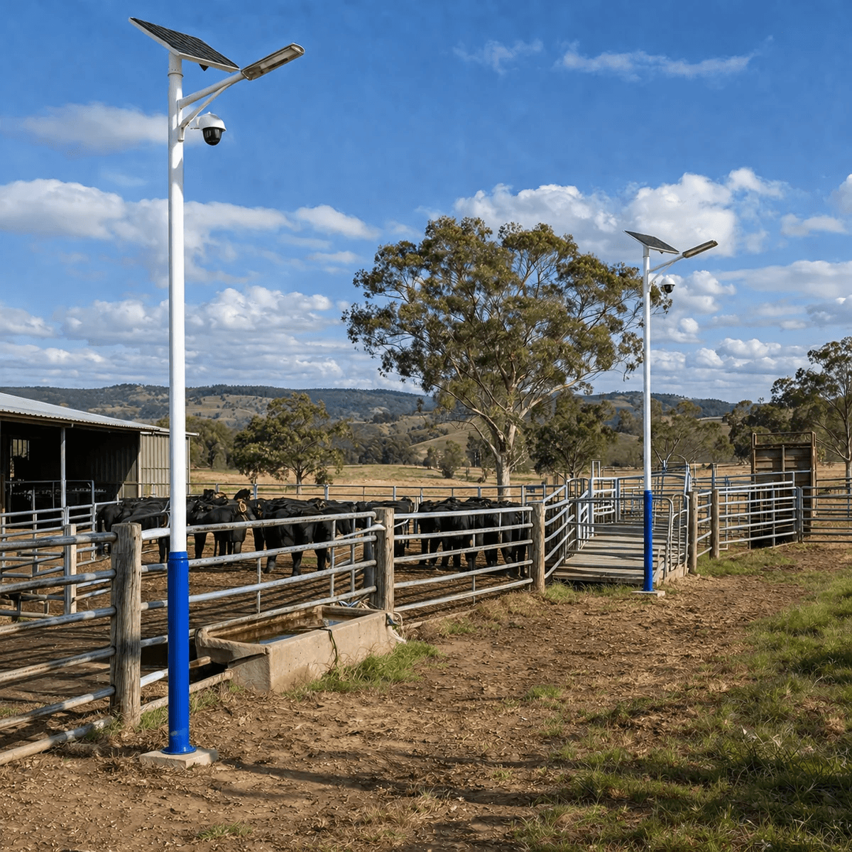 Two split assembly light pole units installed as a solar security camera pole and street light combo system next to steel cattle yards and livestock pens on a rural Australian farm property.