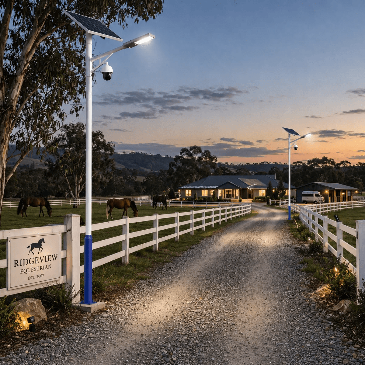 Two split assembly light pole units set up as a solar street light pole and security camera system illuminating a gravel driveway at Ridgeview Equestrian horse property in Australia at dusk.