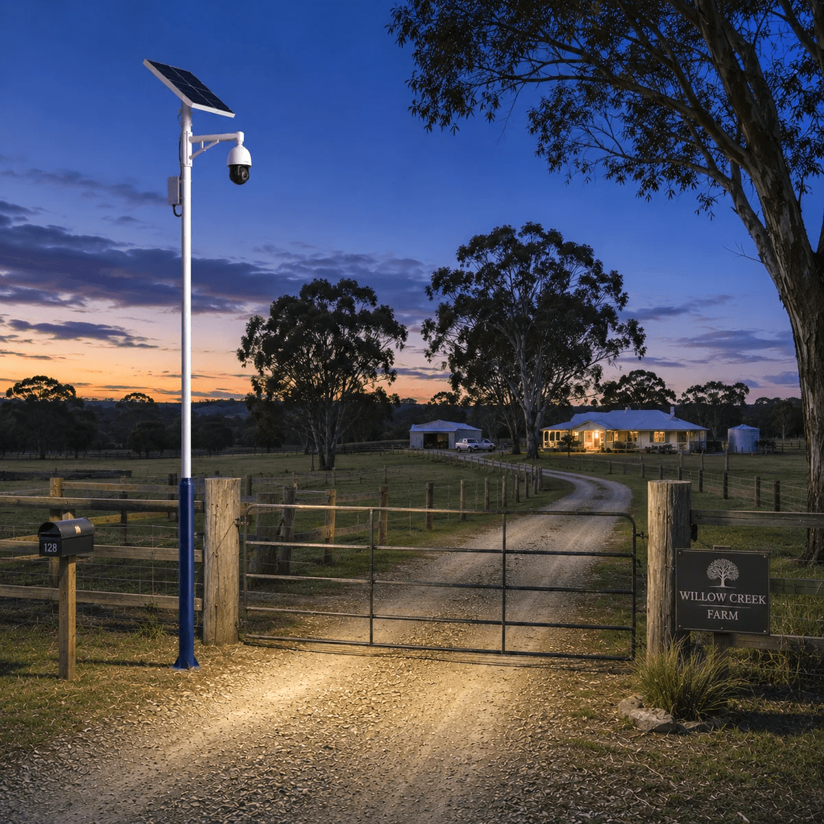 A multi-purpose galvanized pole holding a solar street light pole and security camera setup at a rural farm gate entrance to a property labeled Willow Creek Farm in Australia at dusk.