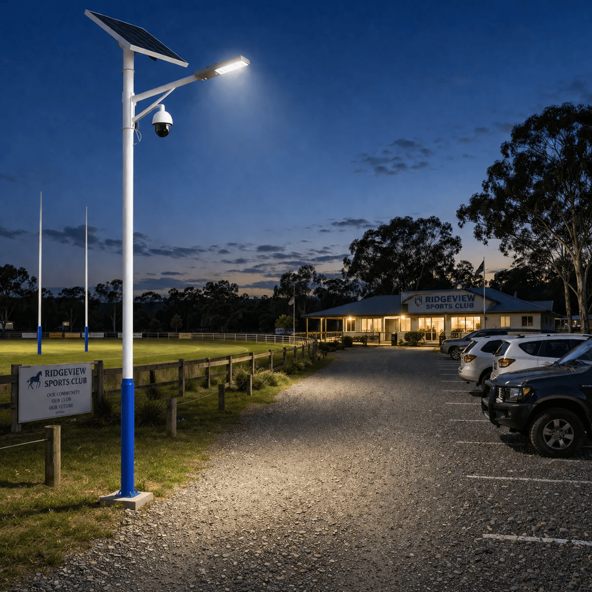 A multi-purpose galvanized pole serving as a solar security camera pole and solar street light pole combo system to illuminate a gravel car park and driveway outside an Australian community sports club facility at dusk.