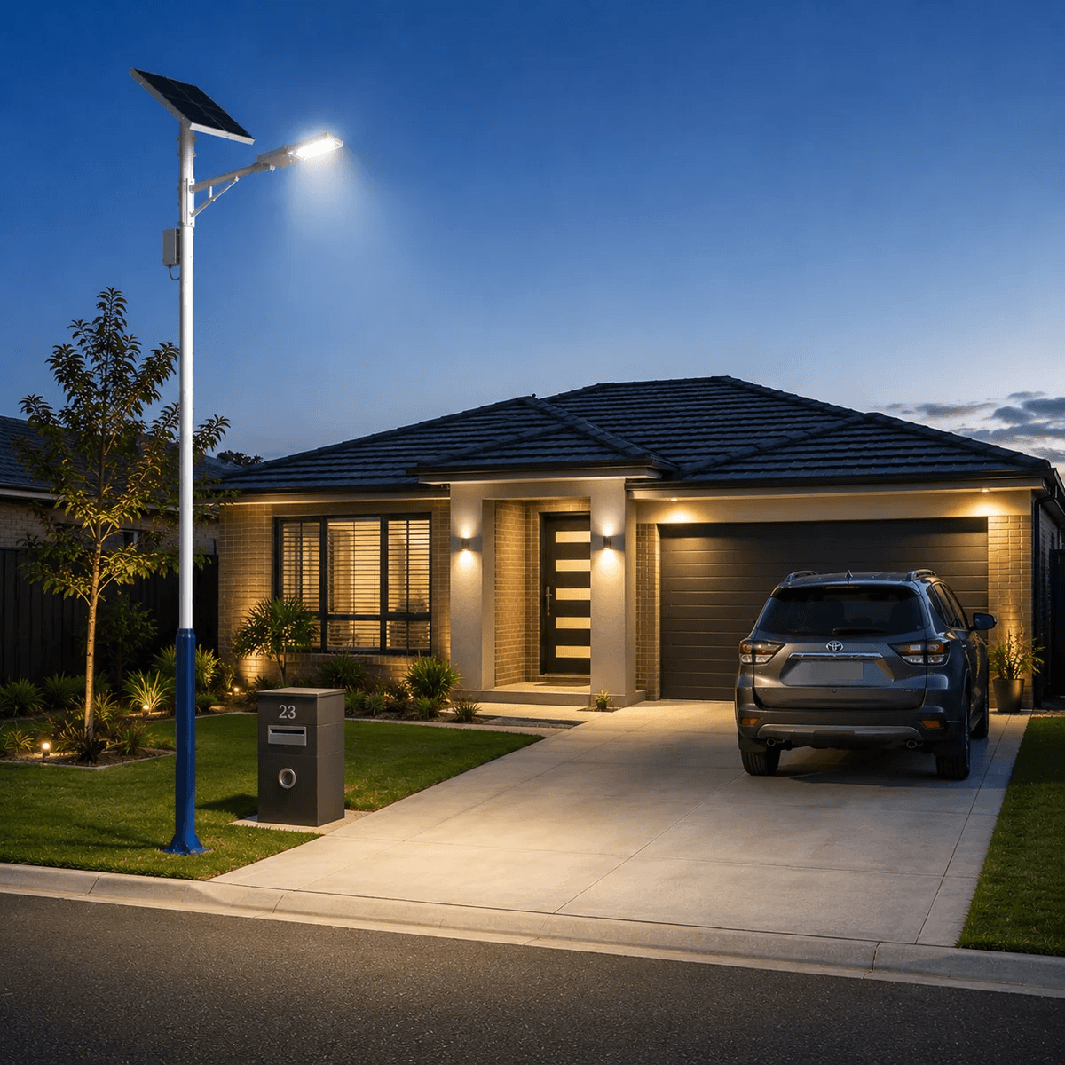 A multi-purpose galvanized pole deployed as a solar security camera pole and solar street light pole combo system illuminating a suburban house front yard and concrete driveway in Australia at dusk.