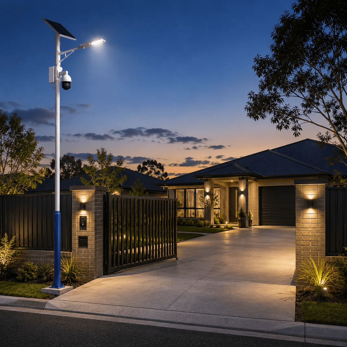 A multi-purpose galvanized pole configured with a solar street light pole and outdoor security camera setup illuminating the modern brick gate and front driveway of a suburban Australian home at dusk.