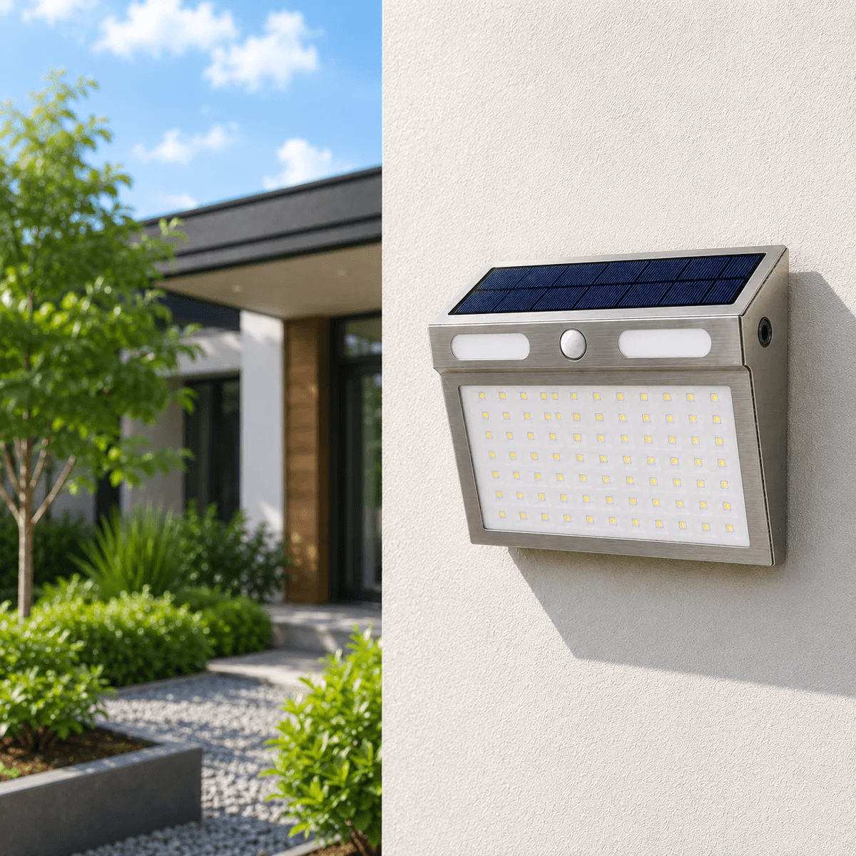 Close-up of a stainless steel solar sensor wall light corrosion resistant fixture mounted on an exterior house wall with a modern landscaped front yard garden background.