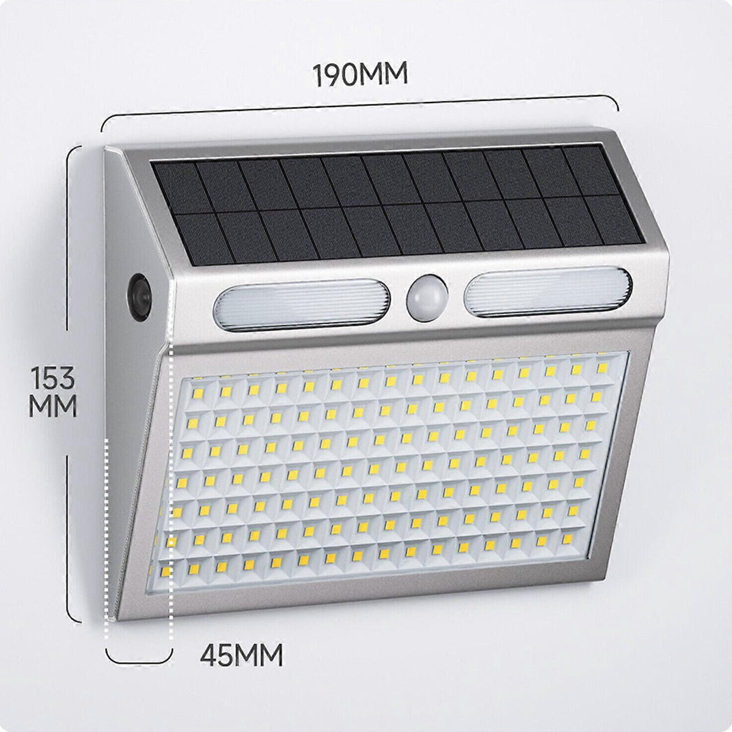 Product diagram of a solar sensor wall light metal outdoor fixture displaying its exact physical dimensions of 190mm width, 153mm height, and 45mm depth.