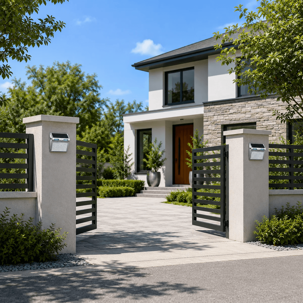 Two metal outdoor solar sensor wall light fixtures mounted on concrete front gate pillars of a modern home, showcasing security lighting for a driveway entrance.