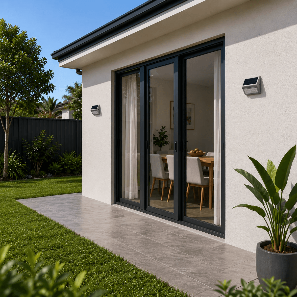 Two metal outdoor solar sensor wall light units mounted symmetrically on a white house exterior wall flanking large modern black sliding glass doors that overlook a tiled patio and green backyard lawn.