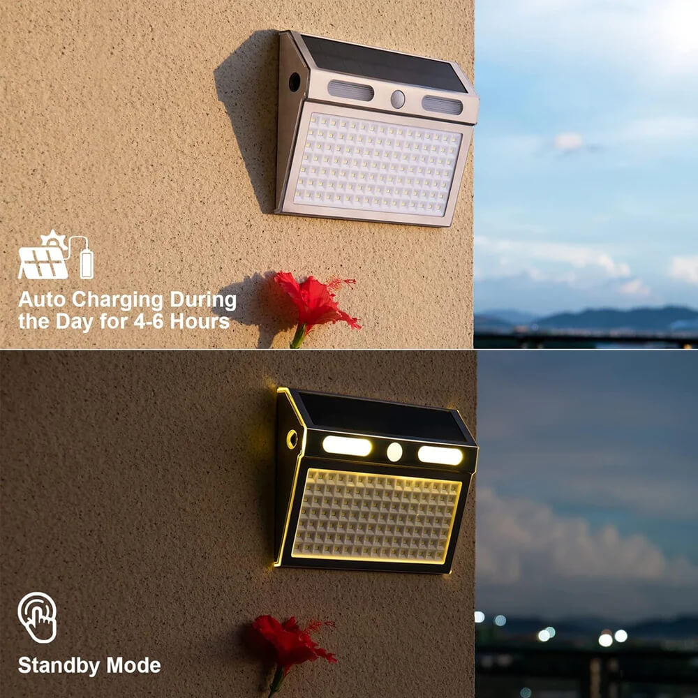 Two-panel graphic of a solar sensor wall light outdoor fixture showing daytime auto charging for 4 to 6 hours and transitioning into warm white standby mode illumination at night.