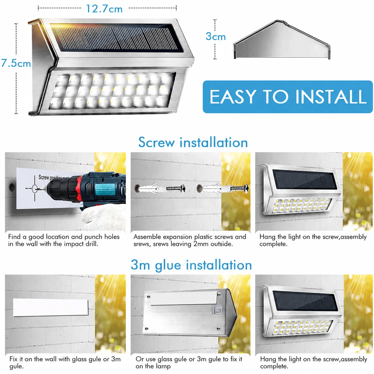 Infographic showing a stainless steel solar sensor wall light with dimensions of 12.7cm by 7.5cm by 3cm alongside step-by-step screw and 3m adhesive installation guides.