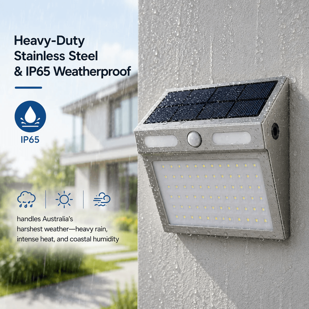 Heavy duty solar sensor wall light stainless steel weatherproof fixture covered in water droplets to demonstrate its IP65 rain resistance for harsh Australian weather.