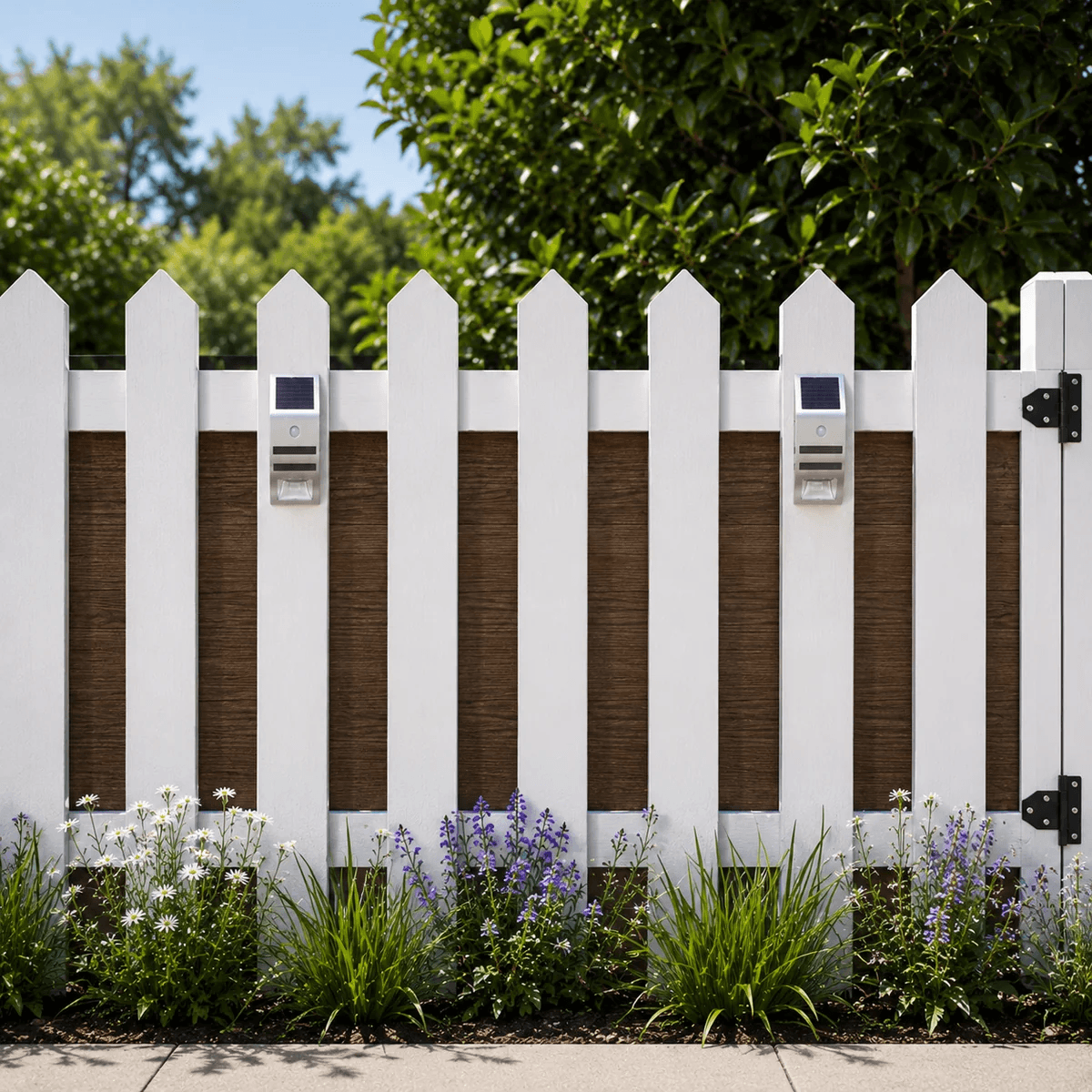 Two stainless steel solar sensor wall light fixtures installed evenly across a white picket garden fence during the day.