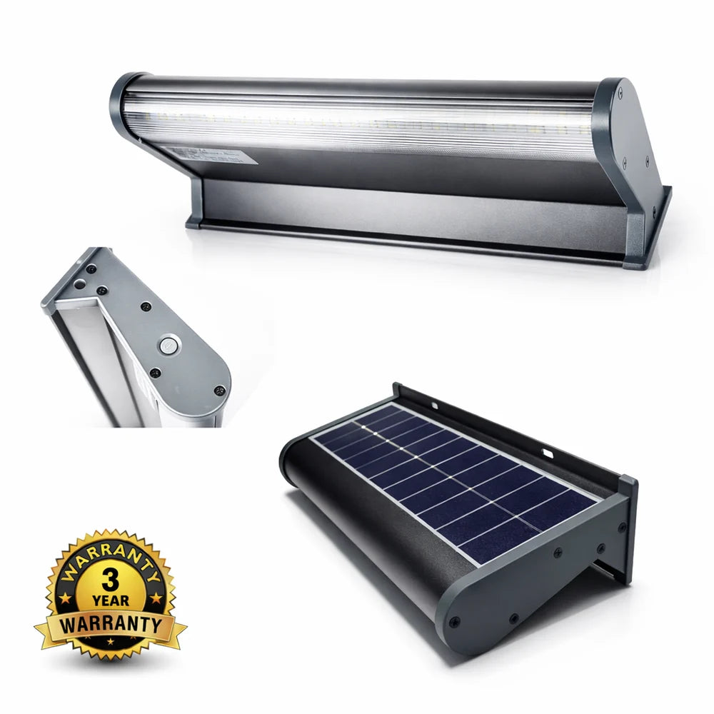 A multi-angle product showcase of a 60cm solar sign light Australia model highlighting the LED light bar, built-in solar panel, and 3-year warranty seal.