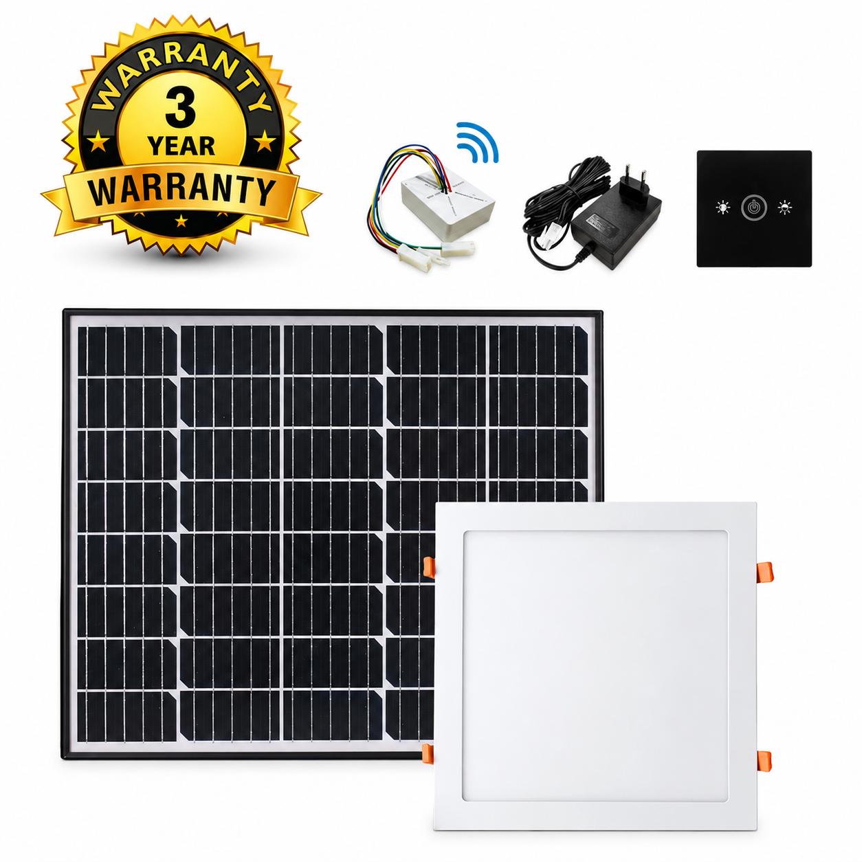 Complete 40W solar skylight alternative with AC adapter kit including a square LED ceiling light, smart controller, and a 3-year warranty badge for reliable off-grid residential lighting in Australia.