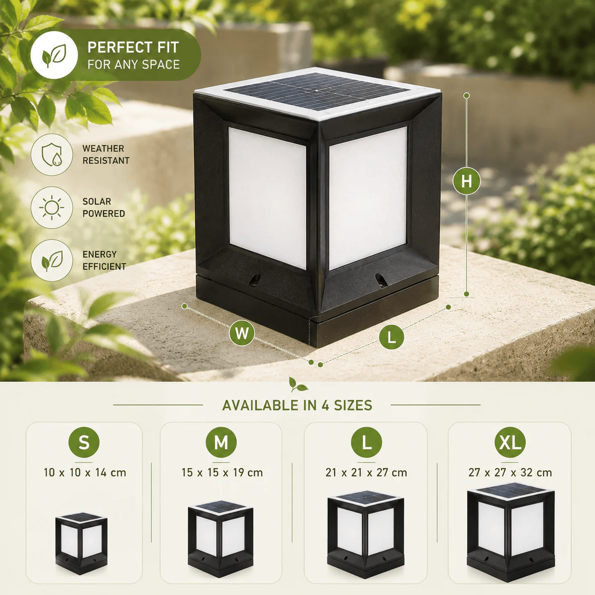 Solar square post cap light available in 4 sizes small 10x10x14cm medium 15x15x19cm large 21x21x27cm and extra large 27x27x32cm to fit any gate pillar or fence post
