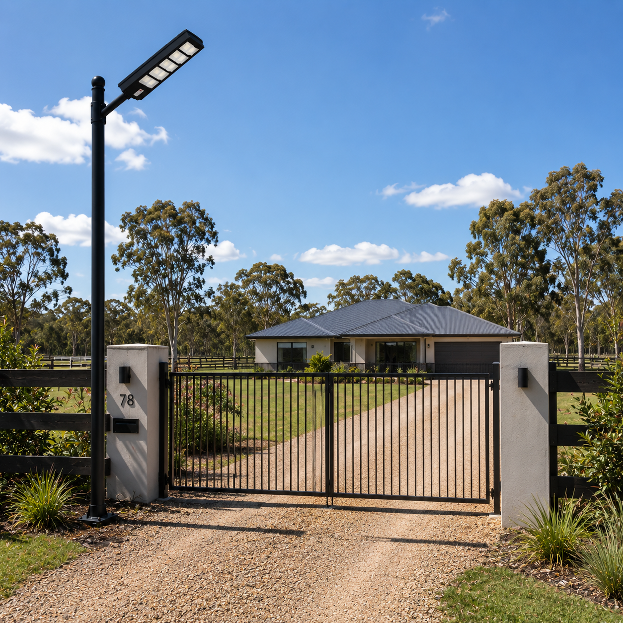 A heavy duty solar street light Australia model installed on a tall black pole next to a rural driveway entrance gate to serve as a reliable off grid solar security light.