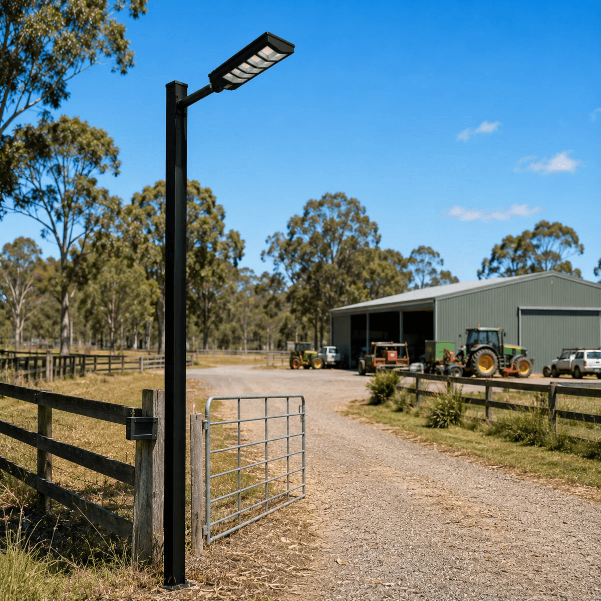 A high performance solar street light Australia model installed on a tall black pole overlooking a rural farm property driveway, gate, and machinery shed.