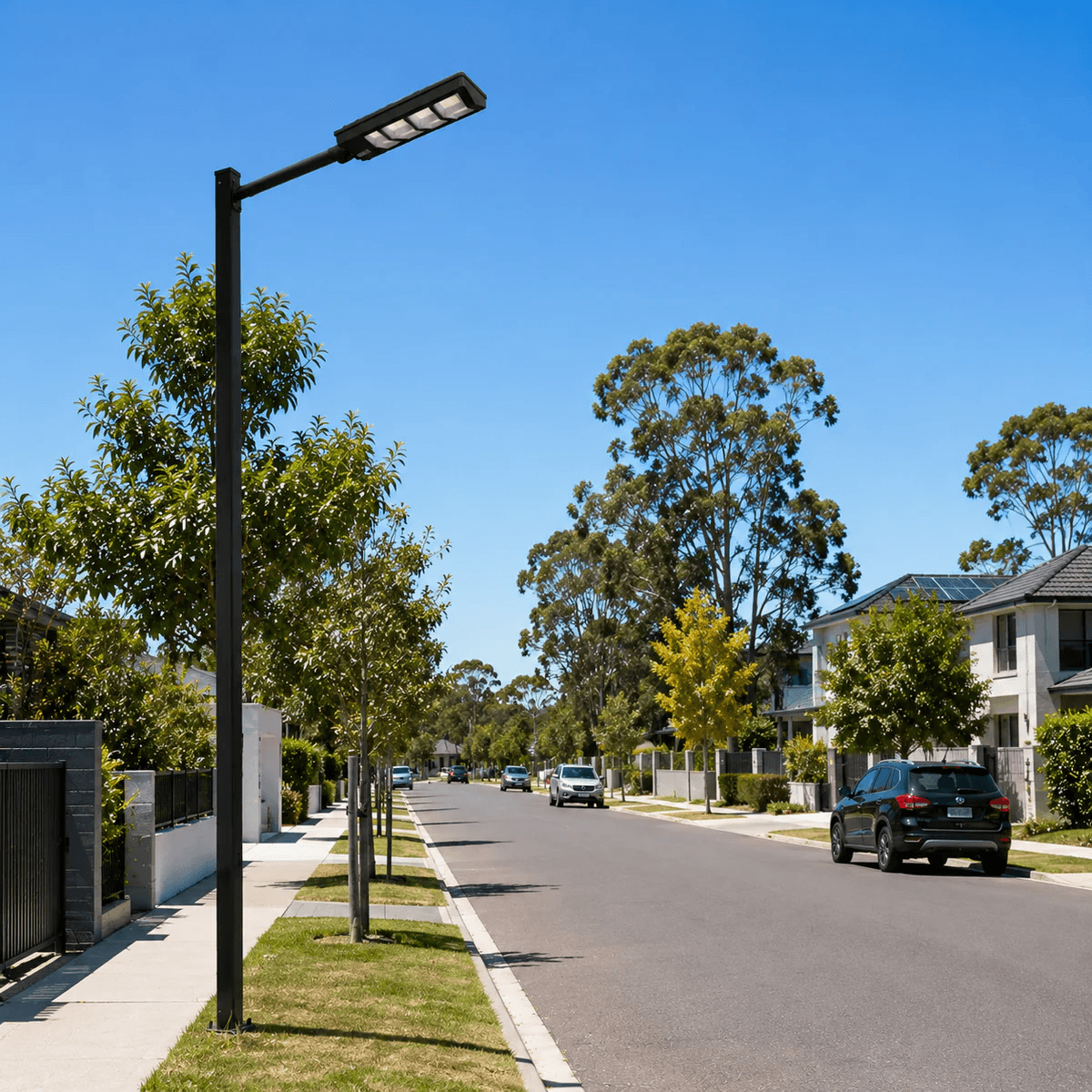 A heavy duty solar street light Australia model installed on a tall black pole along a modern suburban residential street to provide clean community and perimeter security lighting.