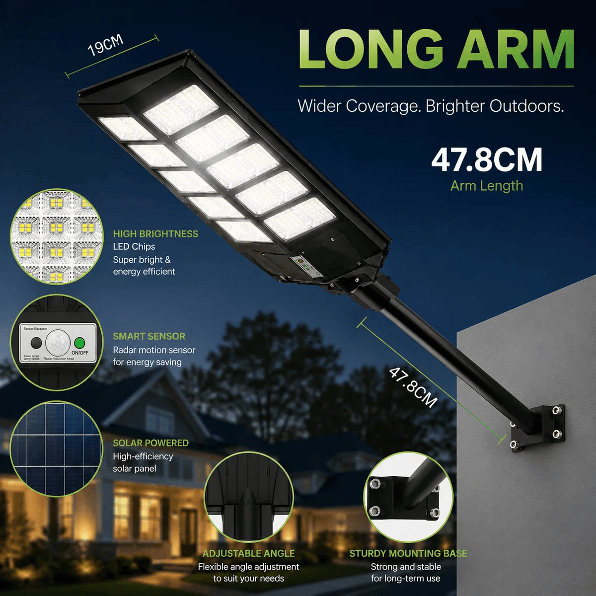 An infographic displaying a heavy duty solar street light with a forty-seven point eight centimeter extension long arm mounting bracket, highlighting its radar motion sensor and high brightness led chips.