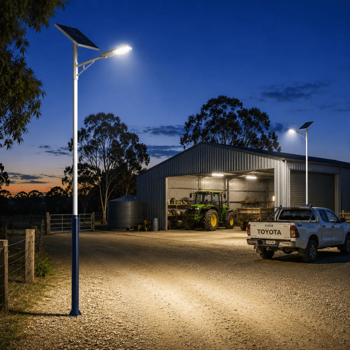 A heavy duty galvanized steel solar light pole setup installed on an Australian farm block to illuminate a large machinery shed, tractor storage area, and driveway boundary lines at night.