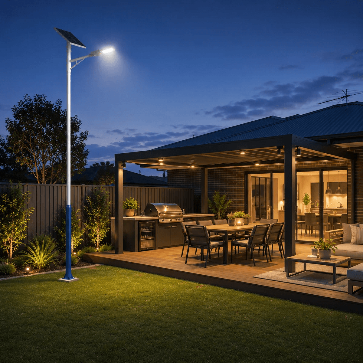 A multi-purpose galvanized pole installed on a lawn to support a bright solar street light pole configuration, illuminating a backyard outdoor dining deck, BBQ area, and pergola patio setup.