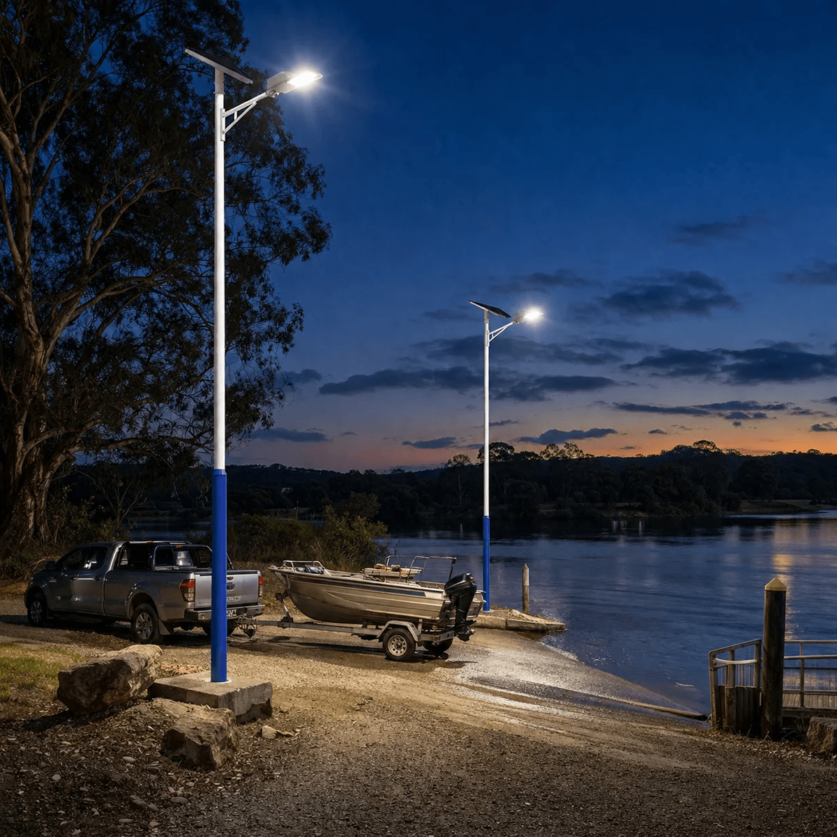 Two hot dip galvanized steel solar light pole units illuminating a concrete boat ramp and river jetty at dusk while a utility truck backs a boat trailer into the water in Australia.
