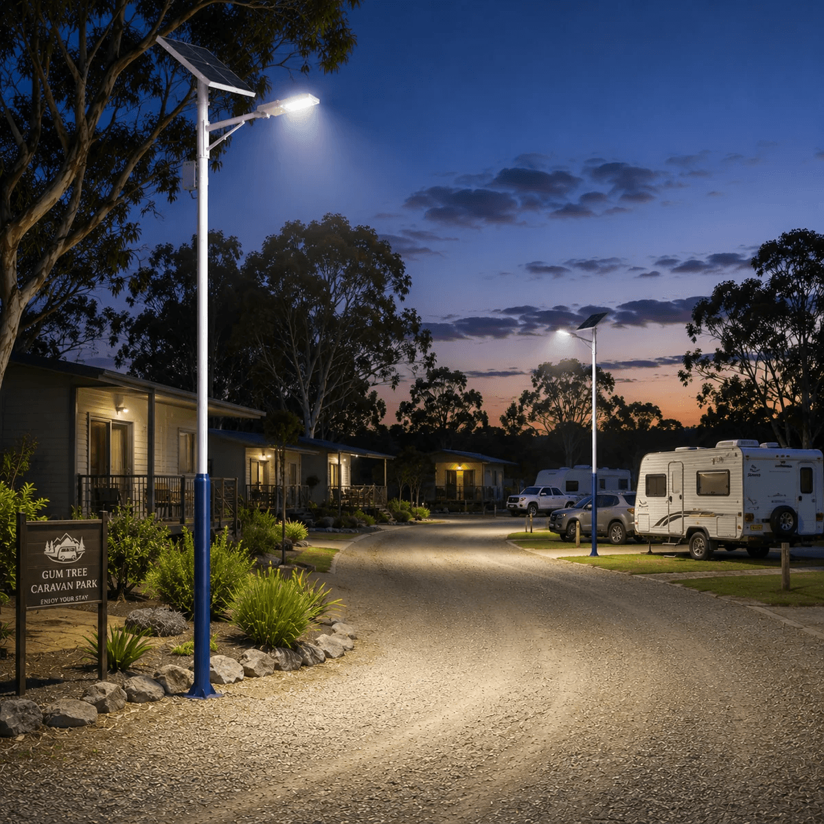 Two multi-purpose galvanized pole units supporting a solar street light pole setup to illuminate a gravel access driveway, holiday cabins, and camper van sites at an Australian caravan park during twilight.