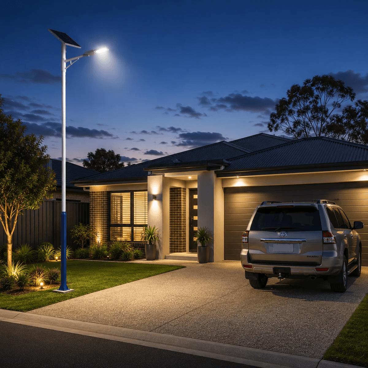 A heavy duty galvanized steel solar light pole system holding an off grid solar street light setup to provide bright evening illumination over a suburban house front yard and concrete driveway in Australia.