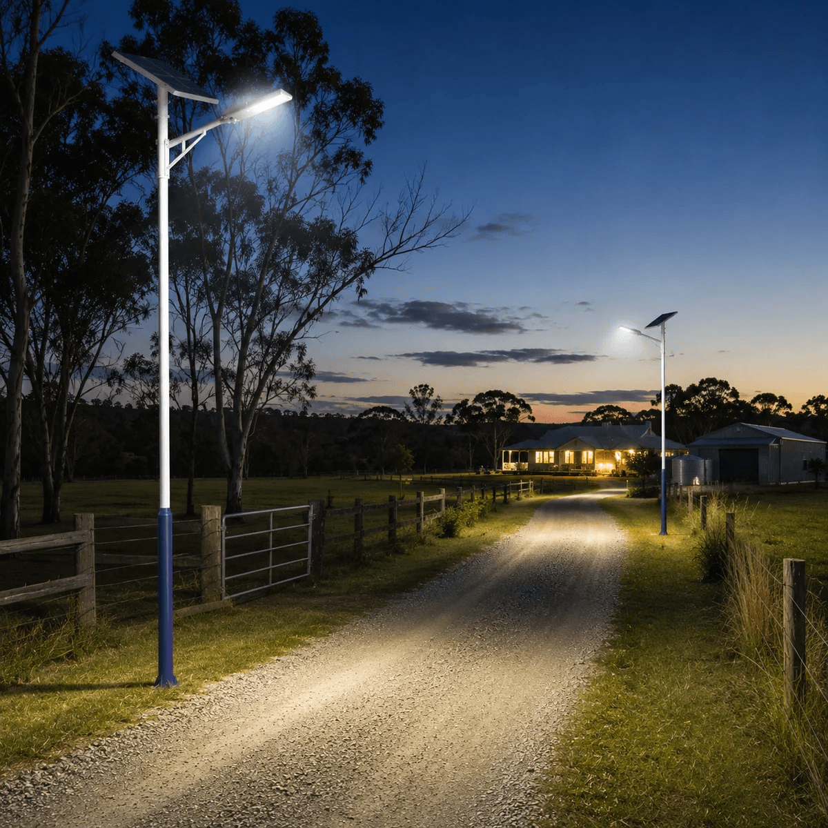 Two hot dip galvanized steel solar light pole units lighting up a long rural gravel driveway leading to a country homestead property and farm shed at twilight in Australia.