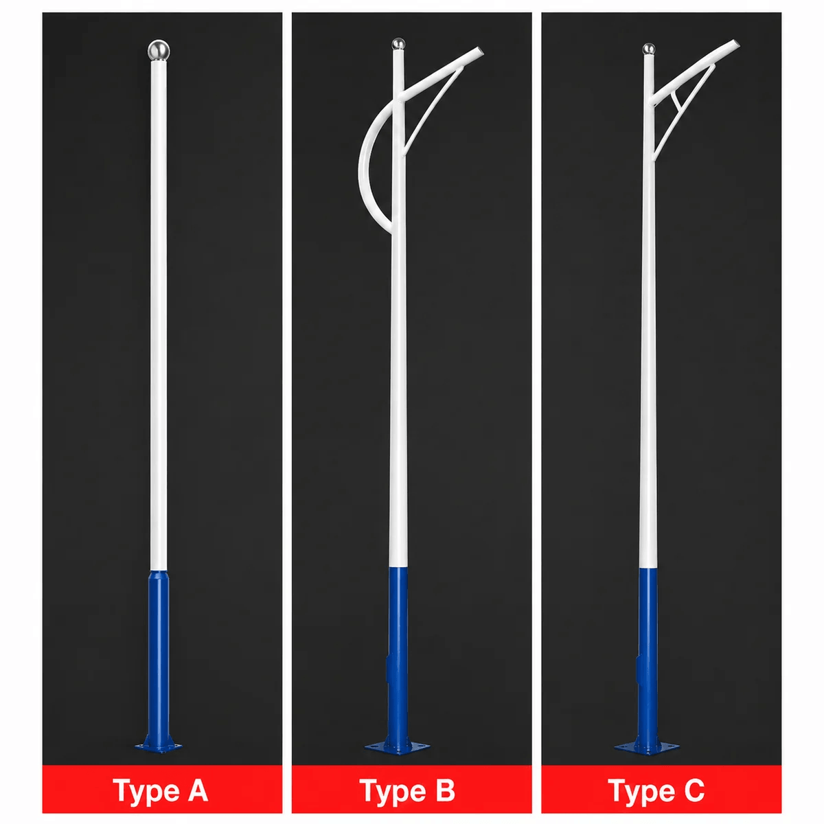 Three variant options for a multi-purpose galvanized pole displaying Type A straight pole, Type B curved arm attachment, and Type C angled bracket support for a custom solar street light pole setup.