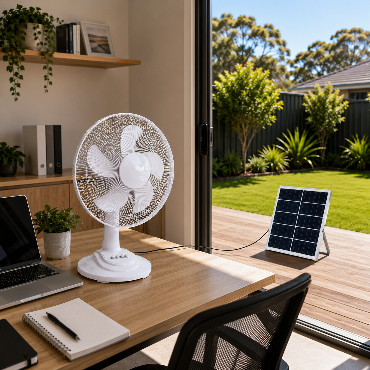 White solar table fan running on a wooden office desk next to a laptop, with its solar panel positioned outdoors on a sunny backyard deck charging the internal rechargeable battery.