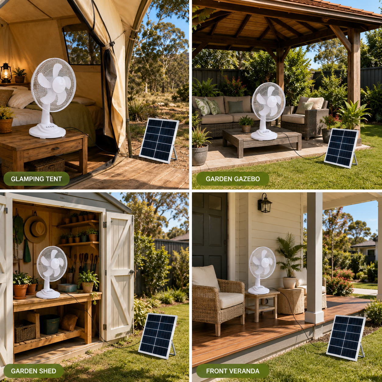Four-panel infographic showing the dual power solar fan in different Australian settings, including a glamping tent, garden gazebo, garden shed workbench, and a front veranda.
