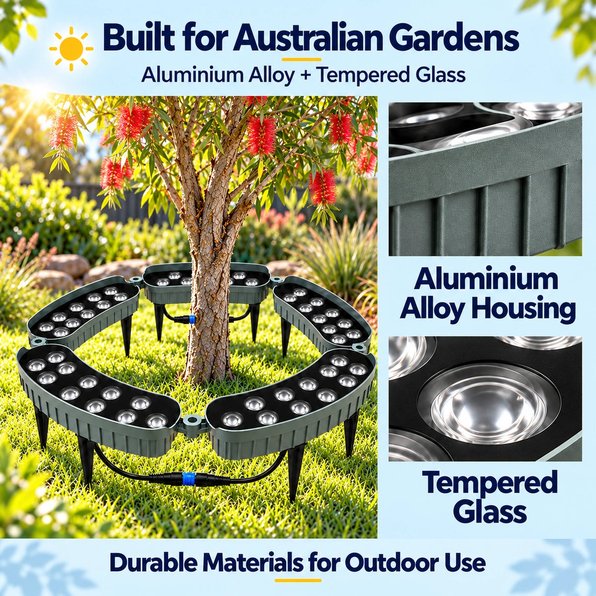 Infographic detailing the heavy-duty outdoor build quality of the 5-head solar tree ring light, highlighting its weatherproof aluminium alloy housing construction and clear tempered glass lens covers