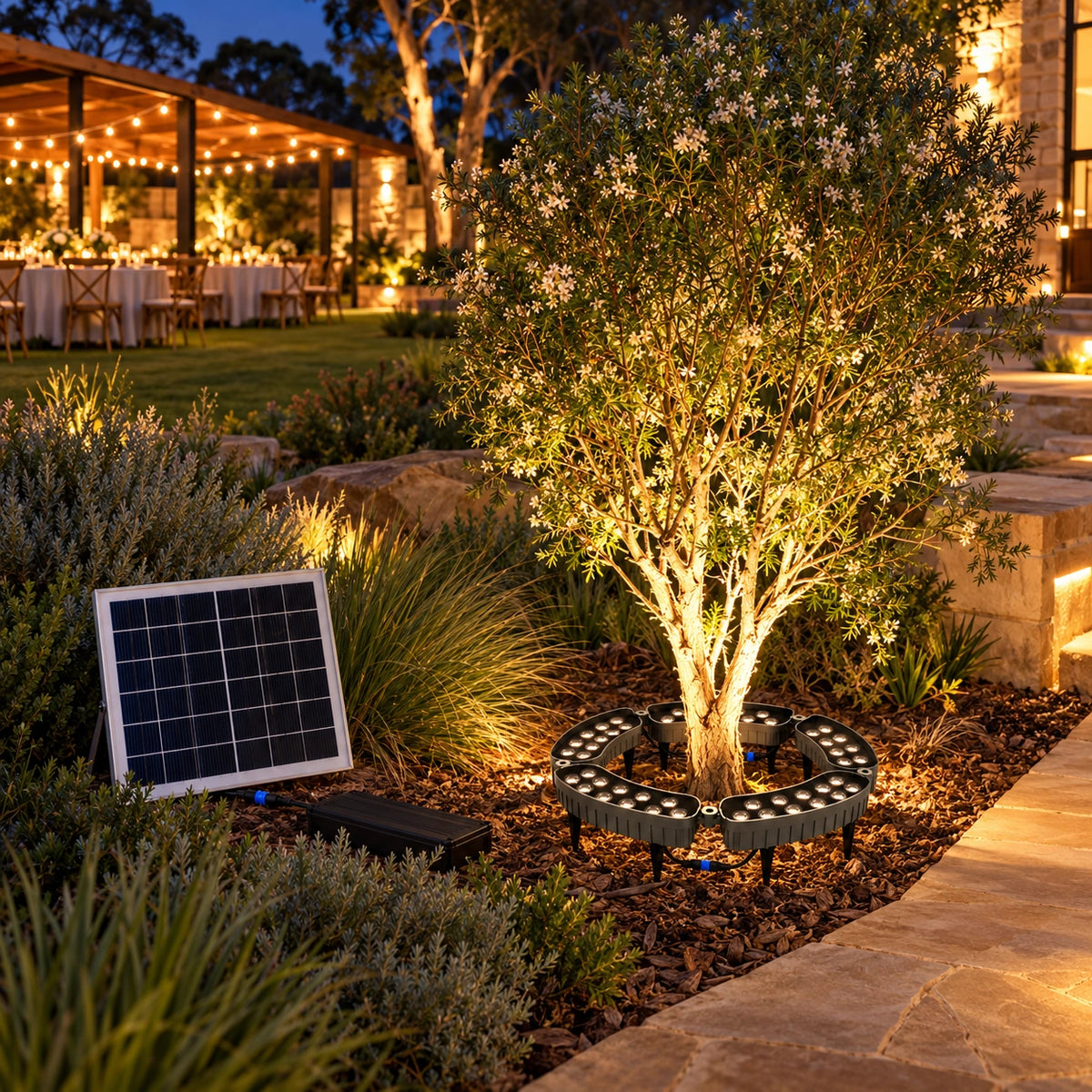Solar powered 5-head tree ring light highlighting an ornamental courtyard tree with warm white uplighting along a stone paved walkway featuring an outdoor garden reception backdrop