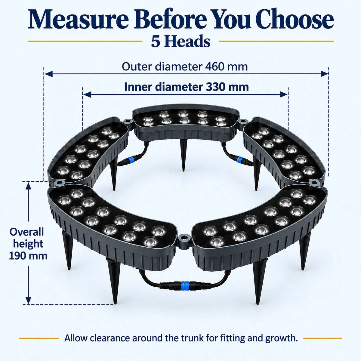 Sizing chart infographic for the 5-head solar tree ring light showing an inner diameter of 330mm, outer diameter of 460mm, and overall height of 190mm with spikes attached