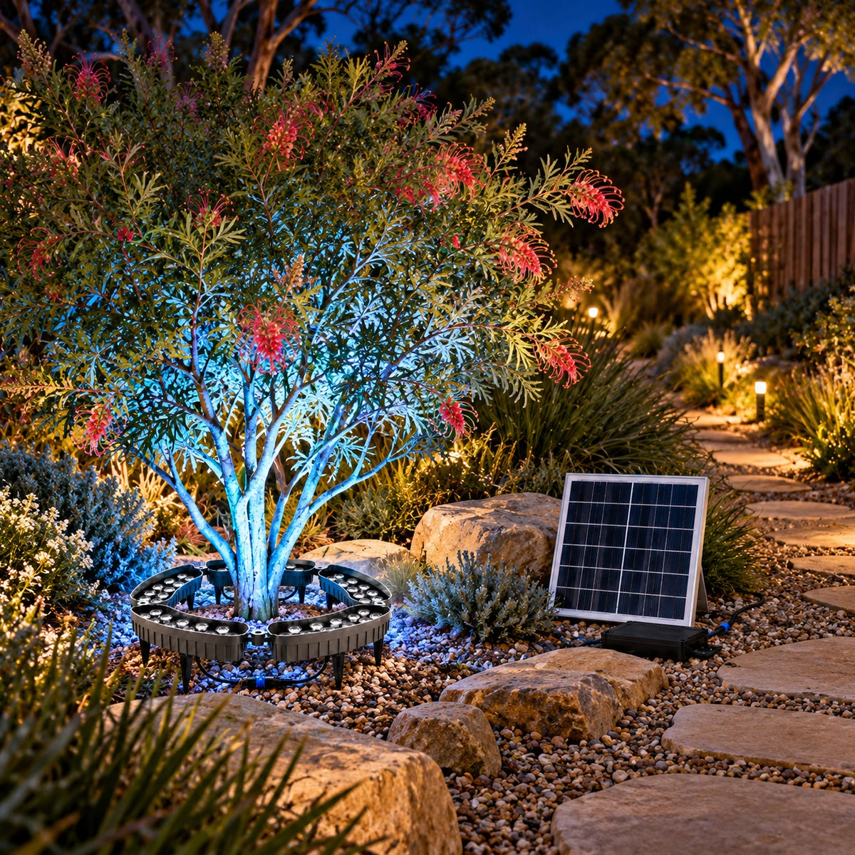 Solar powered 5-head tree ring light illuminating an Australian native Grevillea shrub with bright light blue uplighting next to a stone stepping stone garden path at night.
