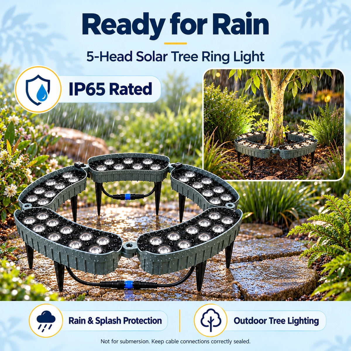 Infographic demonstrating IP65 waterproof rating for the 5-head solar tree ring light, highlighting rain and splash protection for outdoor tree lighting with close-up views of the product covered in water droplets