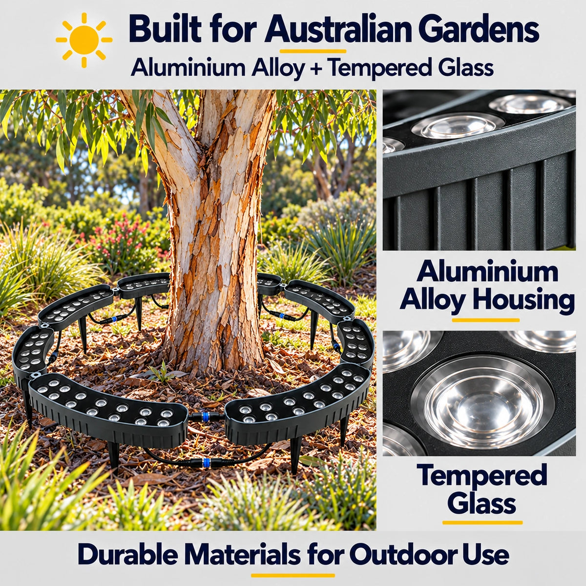 Infographic detailing the durable outdoor build quality of the 9-head solar tree ring light, highlighting its weatherproof aluminium alloy housing construction and clear tempered glass lens covers