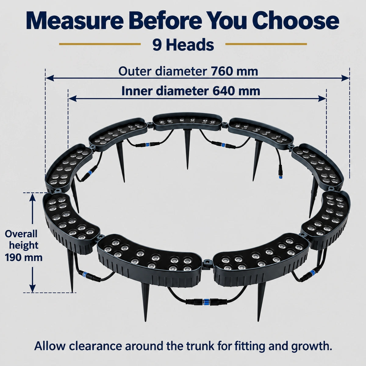 Sizing chart infographic for the 9-head solar tree ring light showing an inner diameter of 640mm, outer diameter of 760mm, and overall height of 190mm with spikes attached