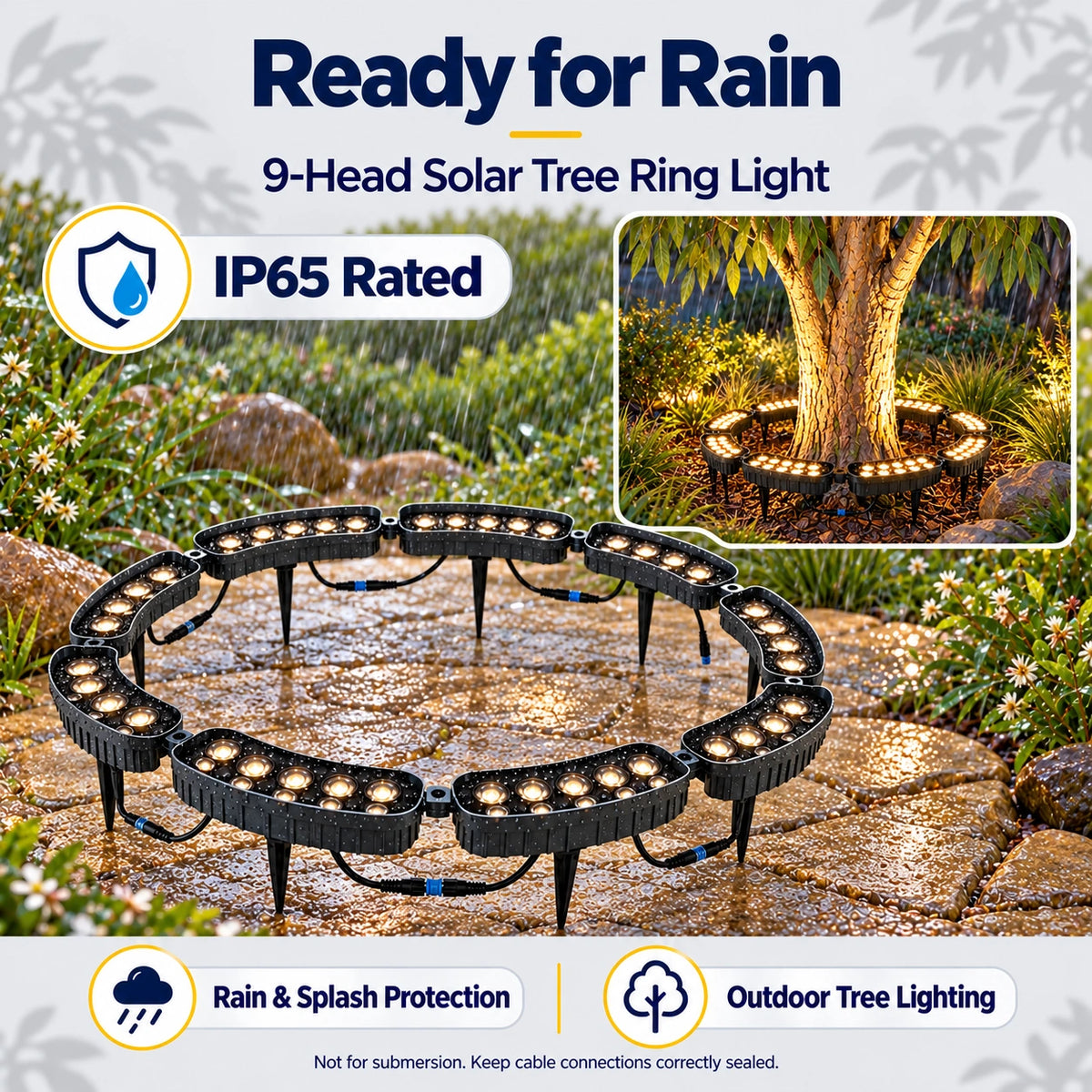Infographic demonstrating IP65 waterproof rating for the 9-head solar tree ring light, highlighting rain and splash protection for outdoor tree lighting with close-up views of the product covered in water droplets
