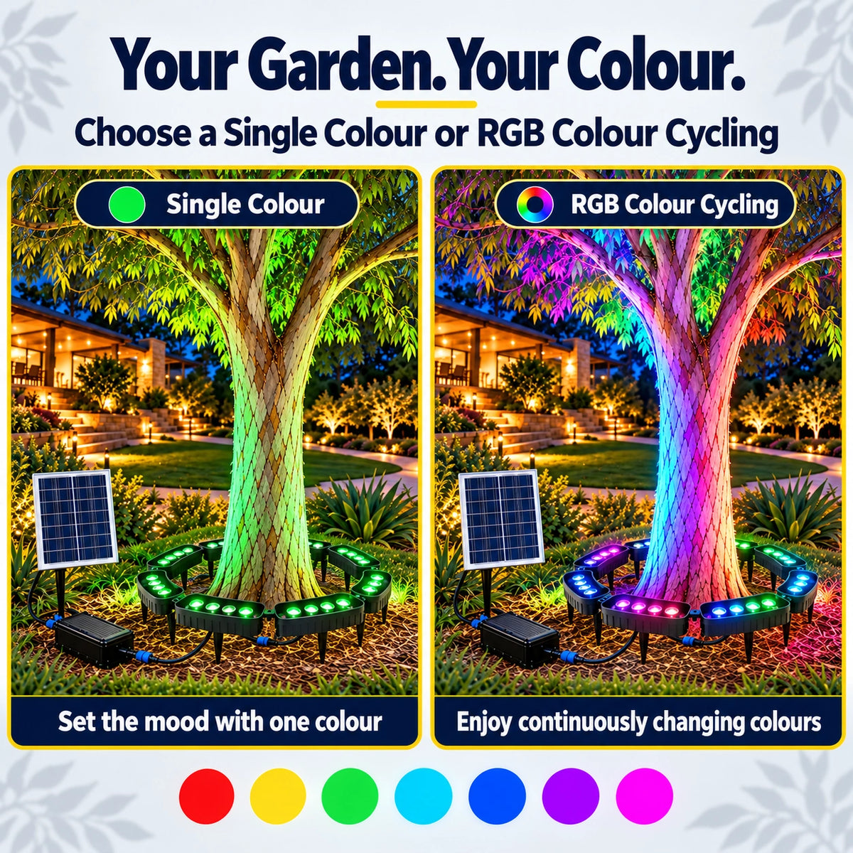 Infographic showing lighting modes of the 9-head solar tree ring light, comparing a static green single color mode option on the left with a dynamic multi-colored RGB color cycling effect on the right