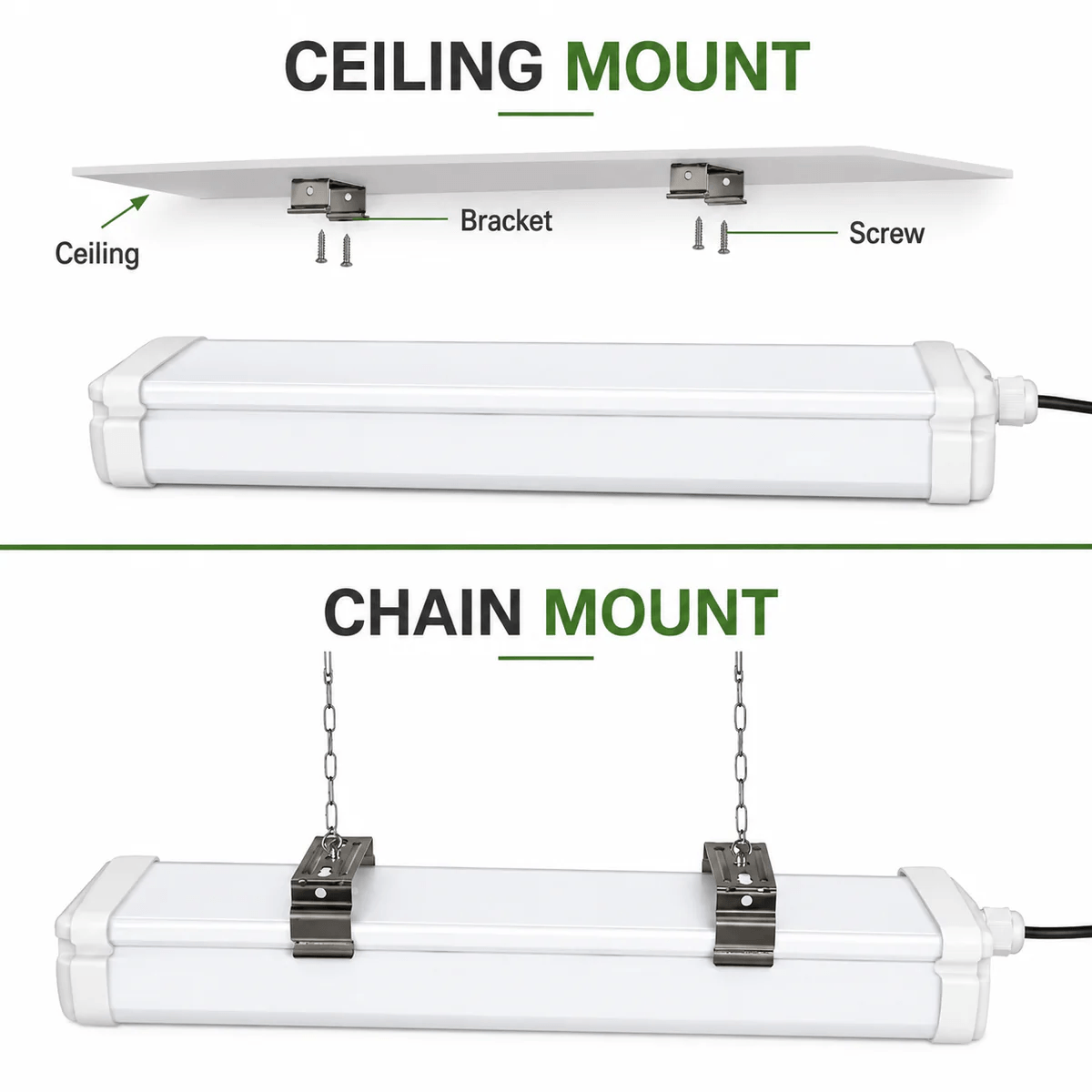 Installation options for a solar tube ceiling light demonstrating the flush ceiling mount brackets and hanging chain mount clips.