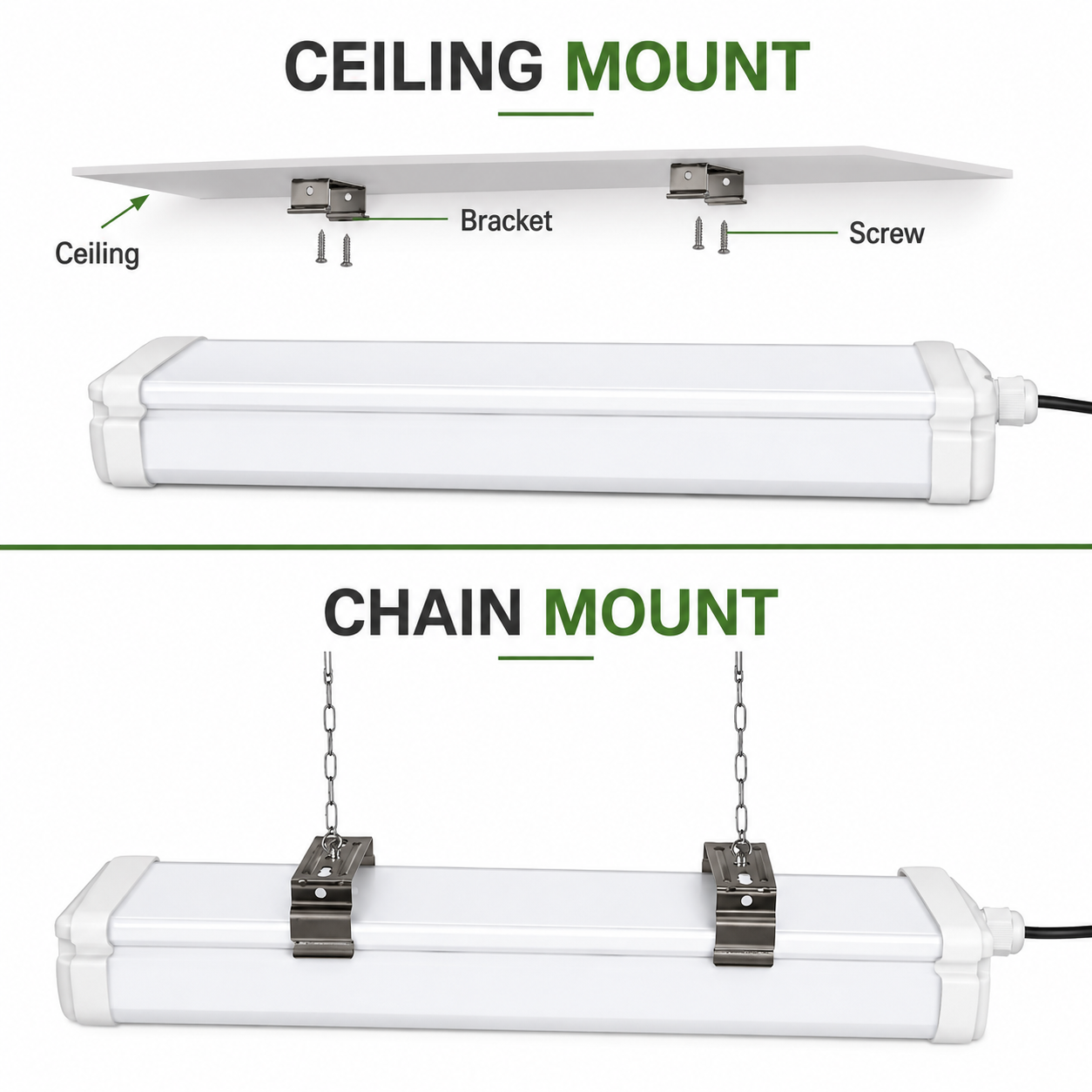 Installation options for a solar tube ceiling light demonstrating the flush ceiling mount brackets and hanging chain mount clips.