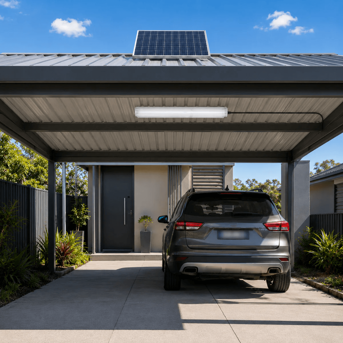 Bright bar lights design solar tube shed light installed underneath a modern metal sheet carport ceiling.