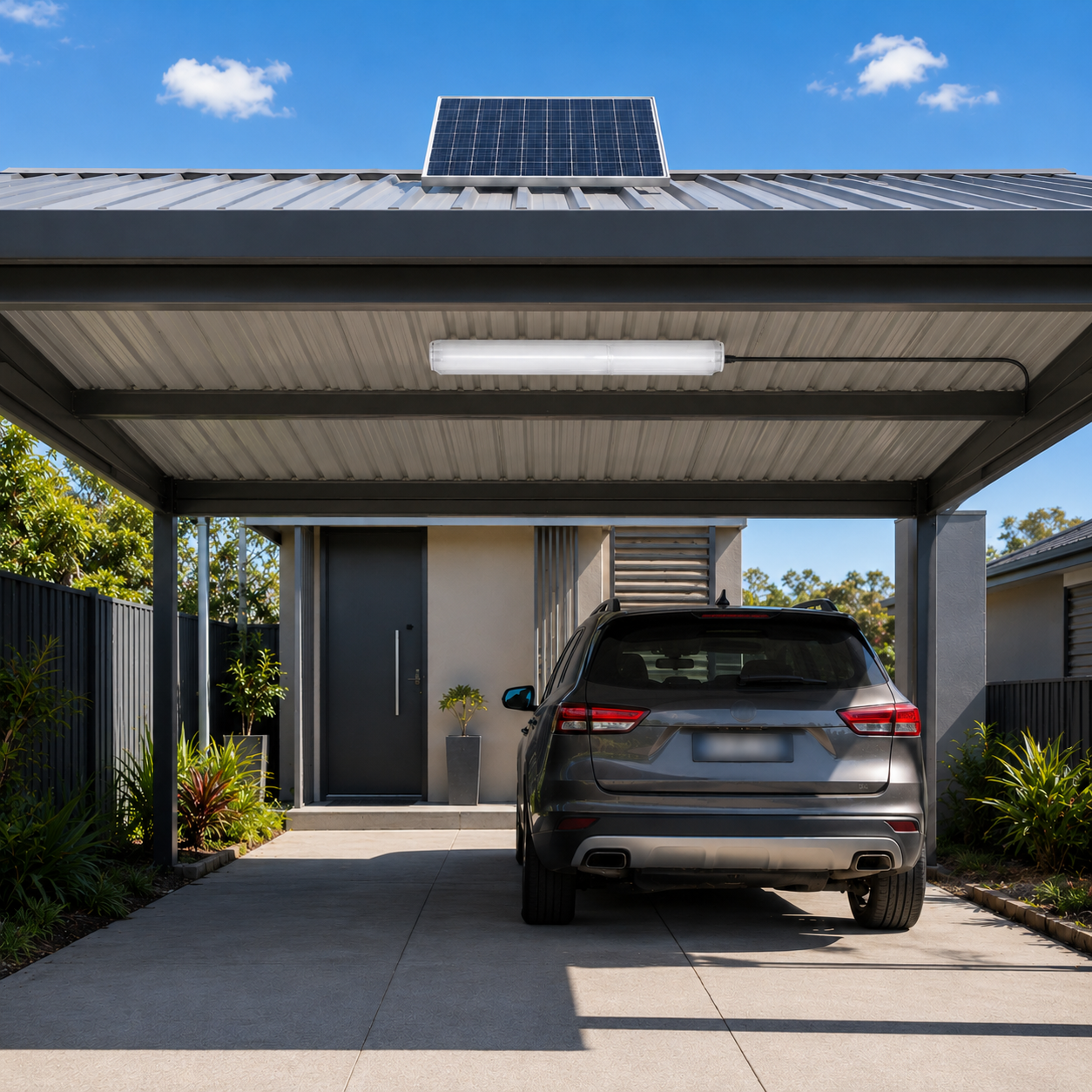 Bright bar lights design solar tube shed light installed underneath a modern metal sheet carport ceiling.