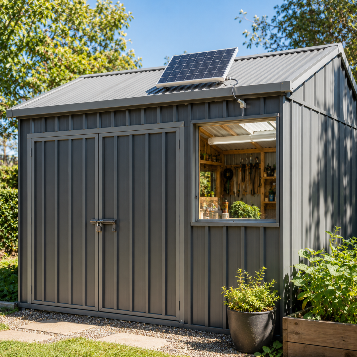 Solar tube shed light system with a rooftop solar panel connected to an indoor LED light bar inside a corrugated metal workshop.