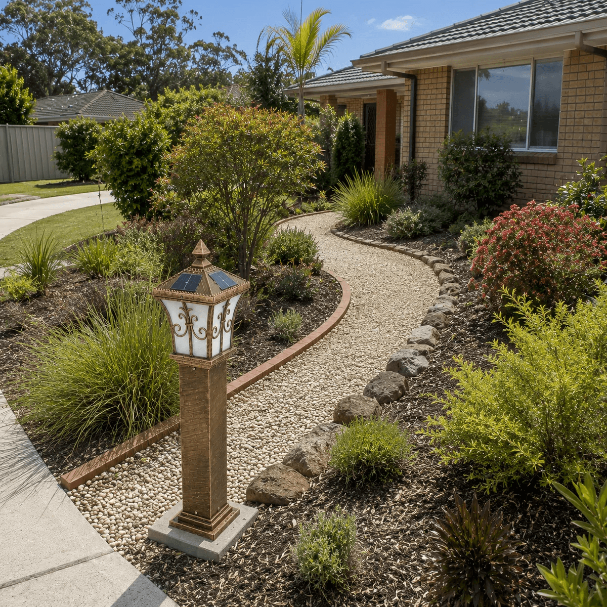 Solar walkway light in a bronze heritage finish lighting a winding gravel garden path and landscaped flower beds in front of an Australian brick house.