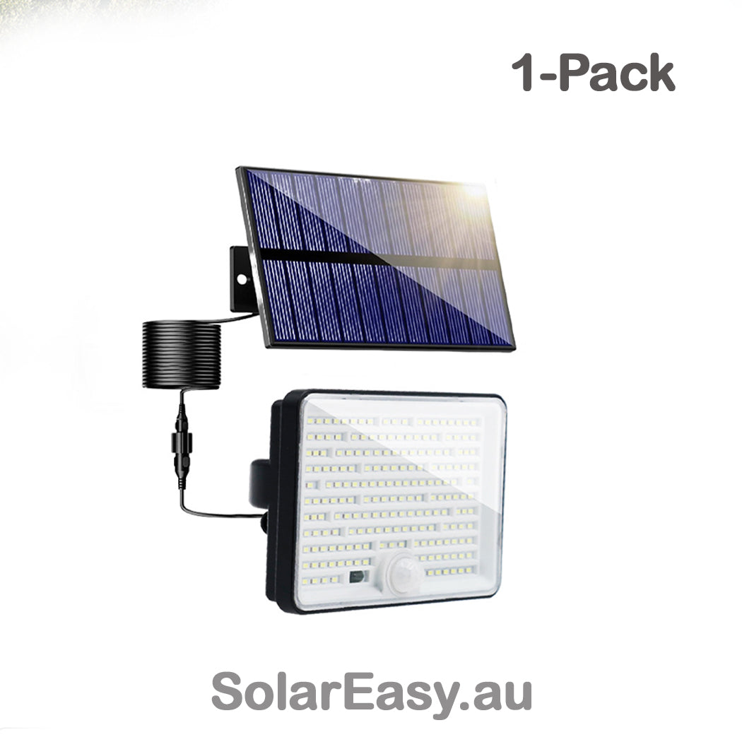 Solar wall light outdoor 1-pack configuration featuring a separate panel and a 208 LED lighting unit.