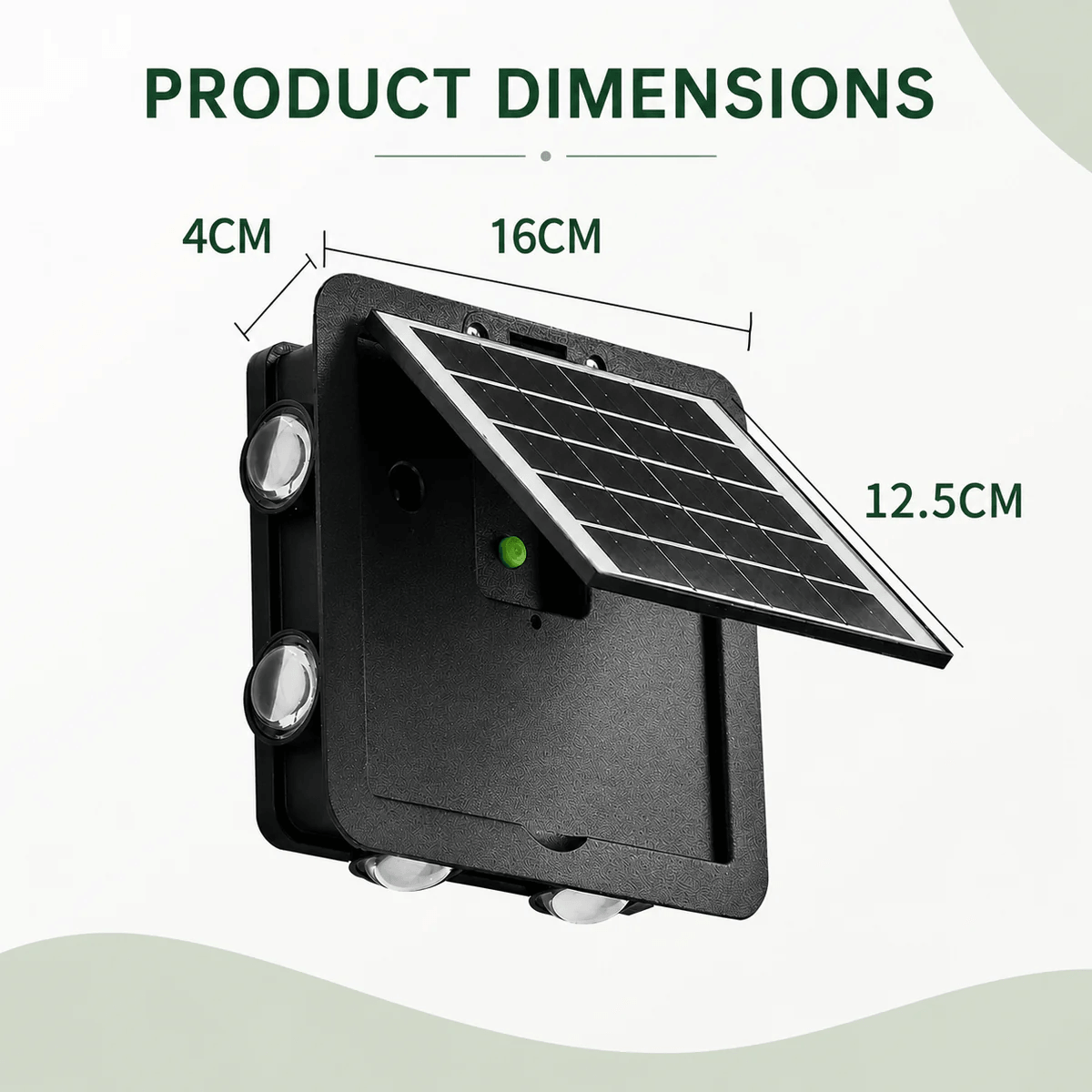 A dimension diagram of the solar wall lights showing its 16cm width, 4cm depth, and 12.5cm tilting solar panel size.