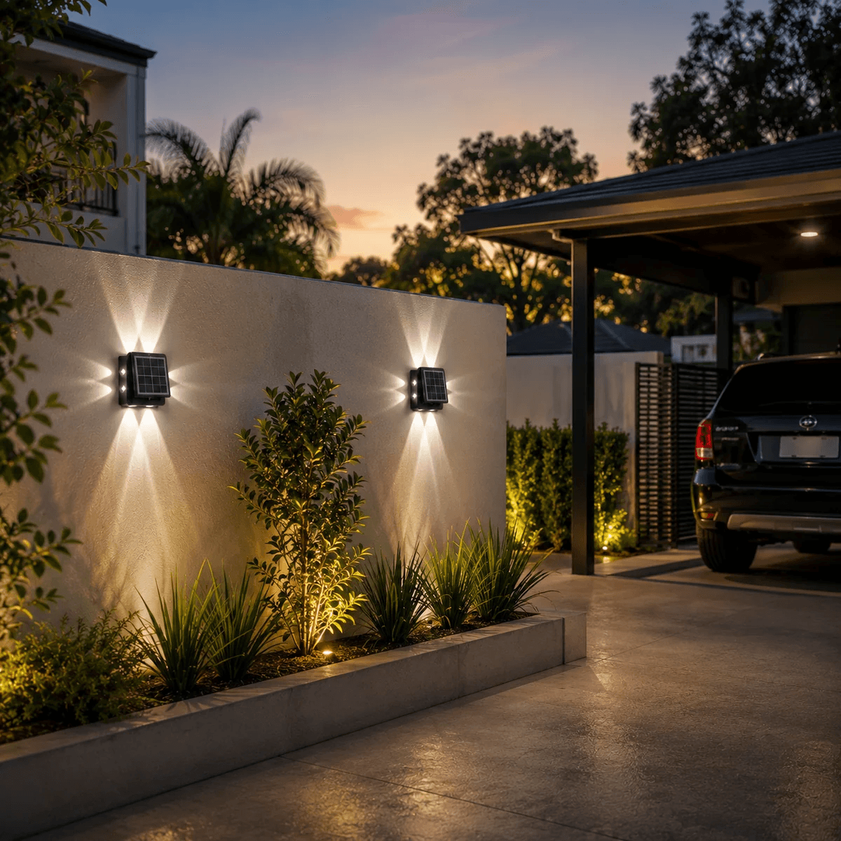Two solar wall lights mounted on a modern rendered masonry wall, casting a warm white architectural light pattern over a front driveway and carport entrance.