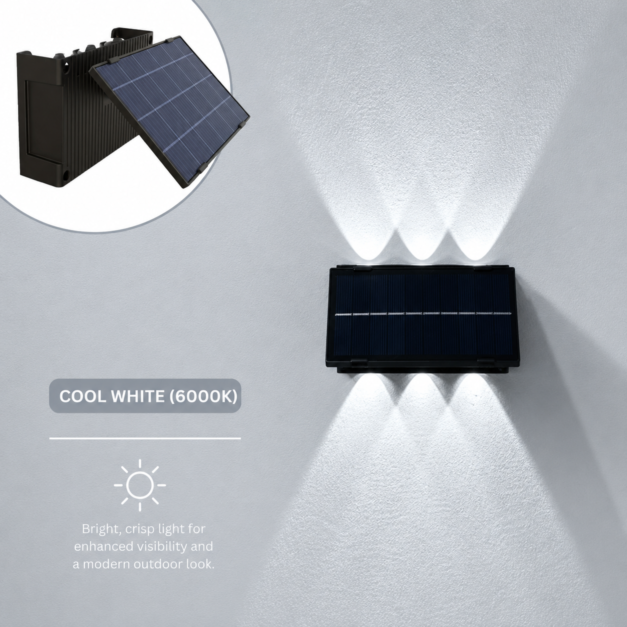 Outdoor solar wall lights up and down displaying a cool white 6000K color option with a bright crisp light for enhanced visibility in Australia.